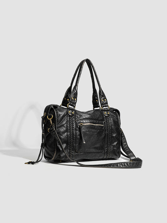 Women's French Retro Motorcycle Large Capacity Washed Tote Bags