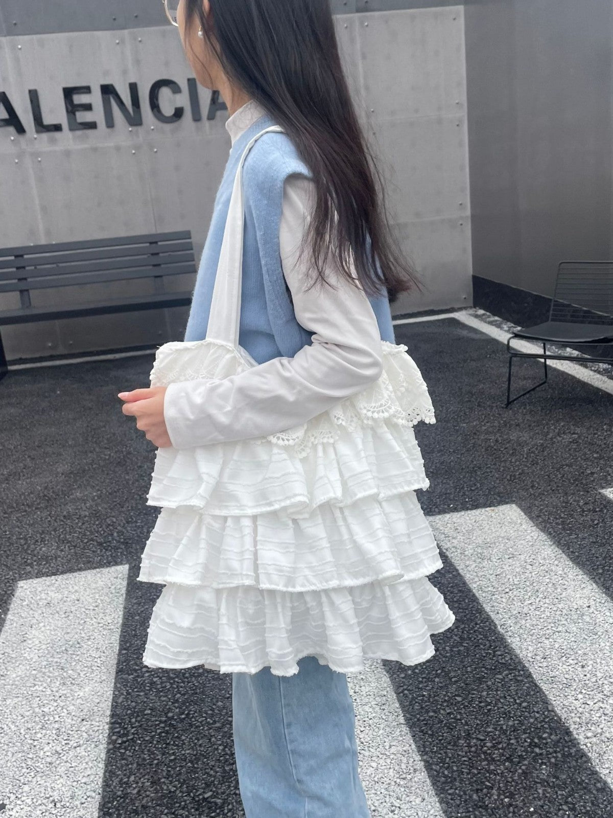 Simple Skirt Shape Hollow Lace Layered Canvas Large Shoulder Bags