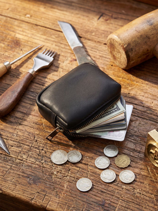 Women's & Men's Cowhide Handmade Zipper Leather Three-dimensional Storage Men's Wallet