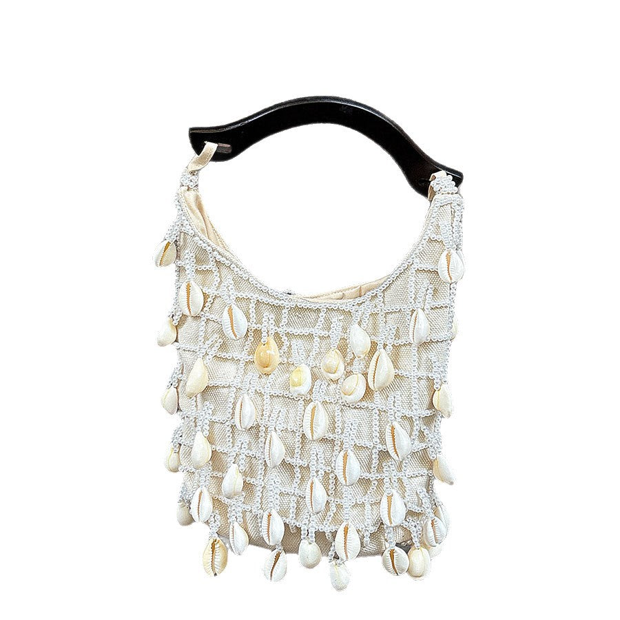 French Style Classic Cloud Shell Beaded Cream Women's Handbag