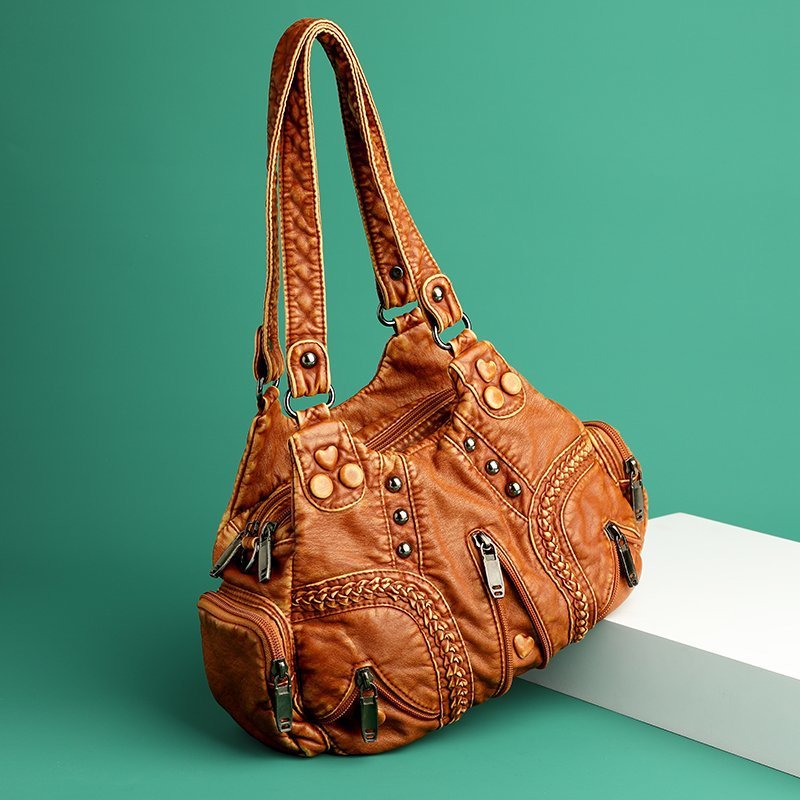 Women's Single Washed Soft Leather Large Capacity Bags