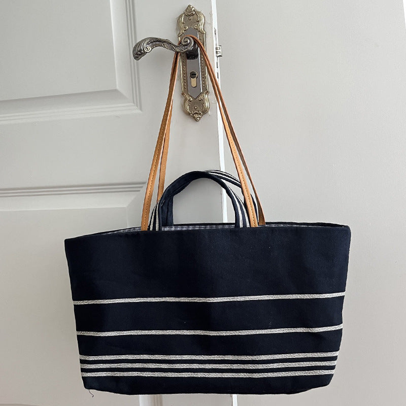 Women's Large Capacity Totes Canvas Striped Dark Blue Portable Travel Bags