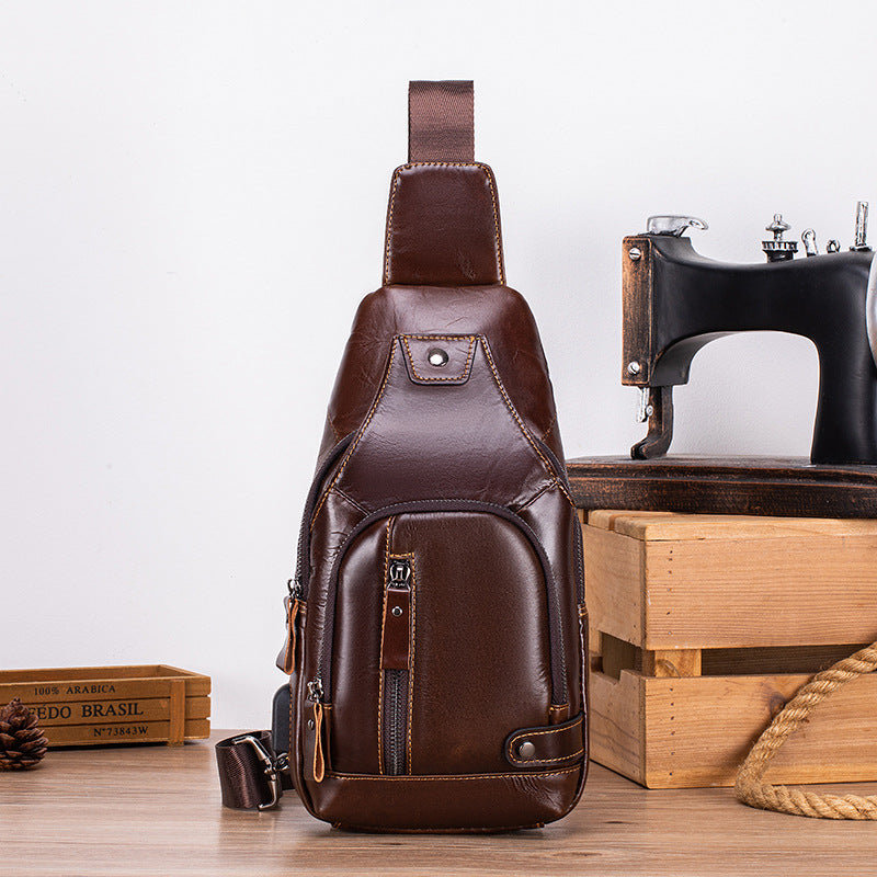 Men's Cowhide Portable Riding Cell Leather Men's Chest Bag