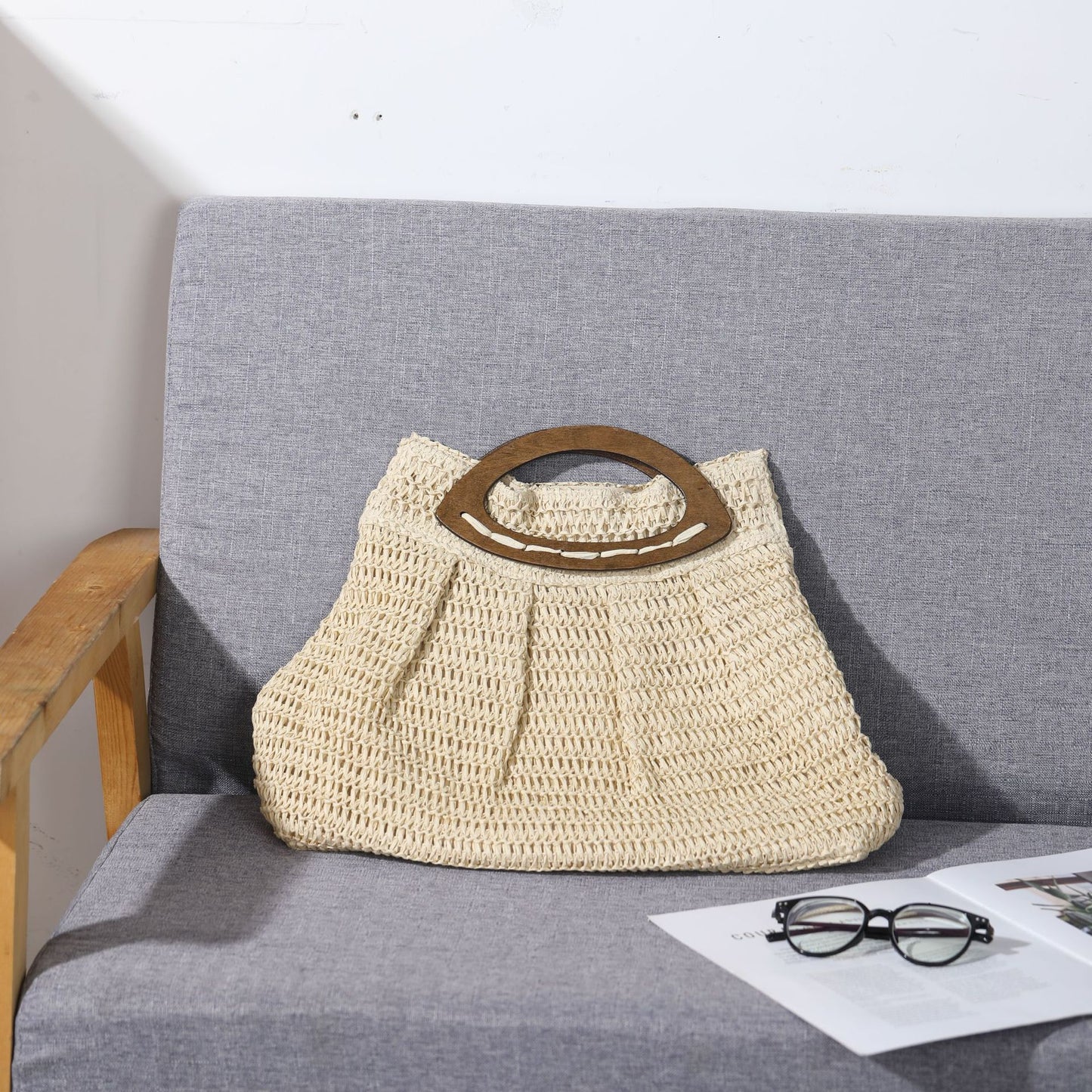 Women's Mori Style Wooden Straw Beach Idyllic Women's Handbag