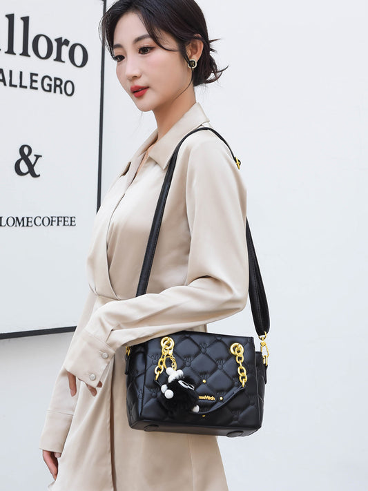 Women's Genuine Leather Diamond Plaid Chain Women's Messenger Bag