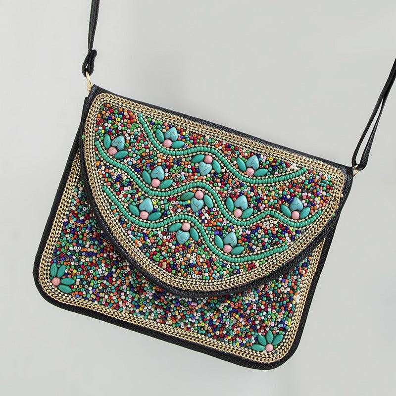 Women's Bohemian Style Bead Ethnic Shell Flower Trip Small Square Bag