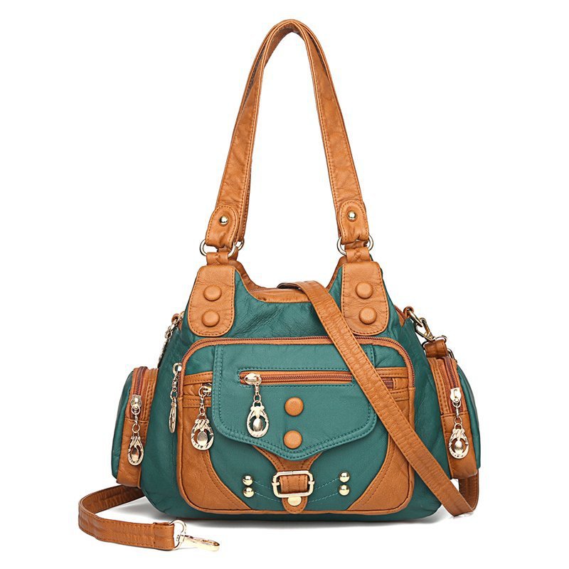 Women's Contrast Color Rivet Washed Leather Portable Soft Women's Shoulder Bag