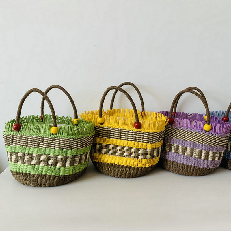 Vacation Style Beach Vegetable Basket Portable Wooden Bead Straw Twill Women's Handbag
