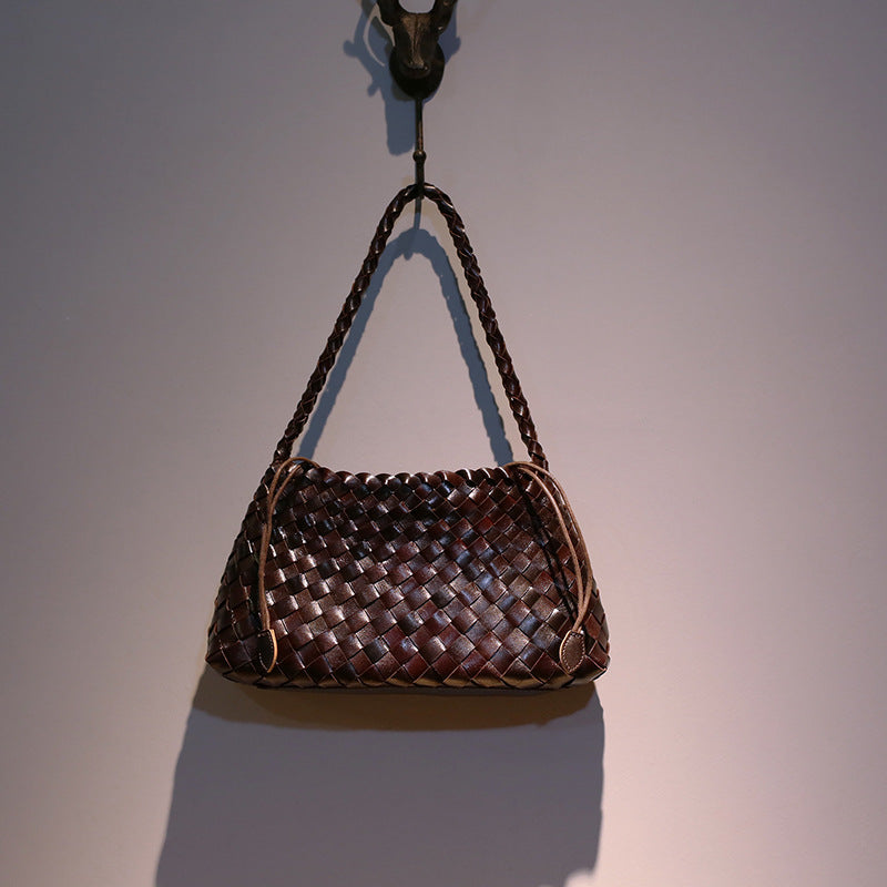 First Layer Cowhide Woven French Handmade Genuine Leather Fashion Retro Shoulder Bags