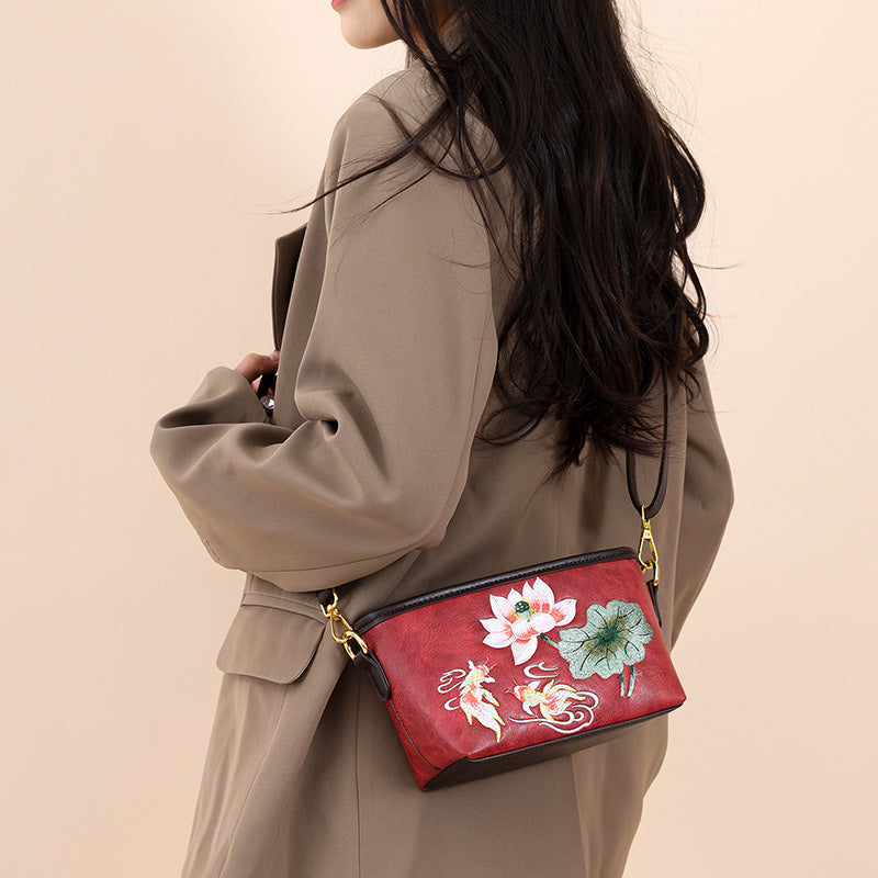 Women's National Style Light Luxury Lotus Embroidery China Women's Shoulder Bag