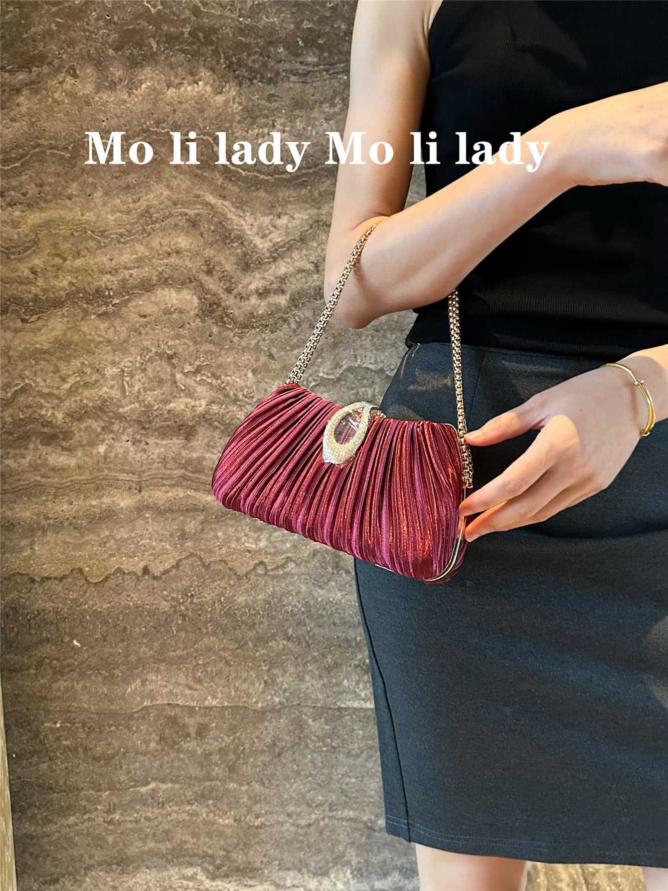 Women's Satin Wine Red Pleated Dinner Dress Women's Handbag