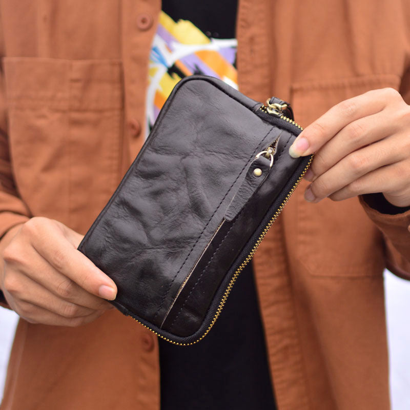 Men's Pleated Long Zipper Leather Multifunction Cattlehide Bags