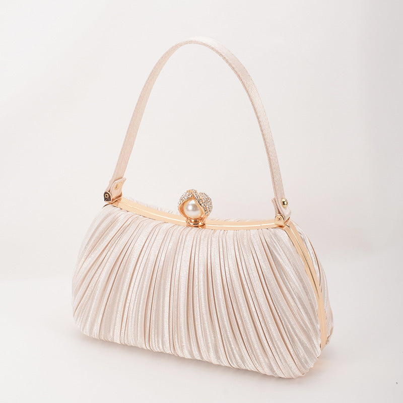 Women's Pleated Solid Color Simple Pearl Korean Dinner Bag