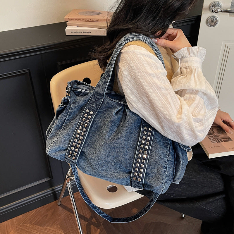 Women's Denim Punk Style Motorcycle Rivet Large Capacity Bags