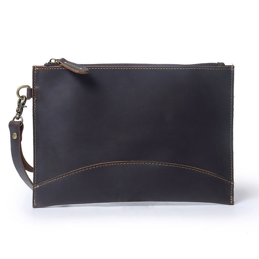 Men's Horse Leather Vintage Envelope Pure Cowhide Zipper Genuine Simple Bags