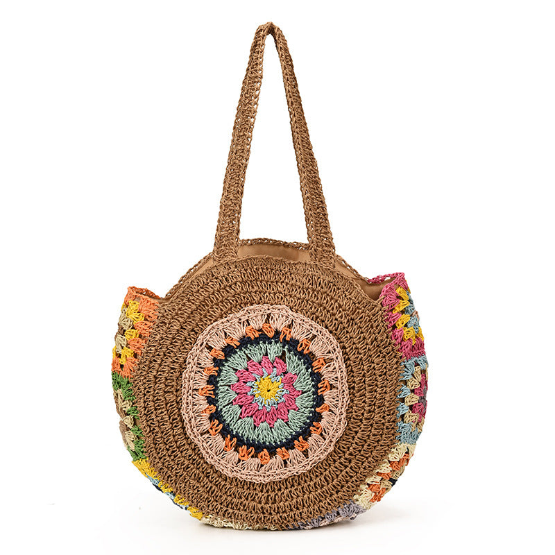 Ethnic Style Round Woven Large Capacity Pastoral Straw Shoulder Bags