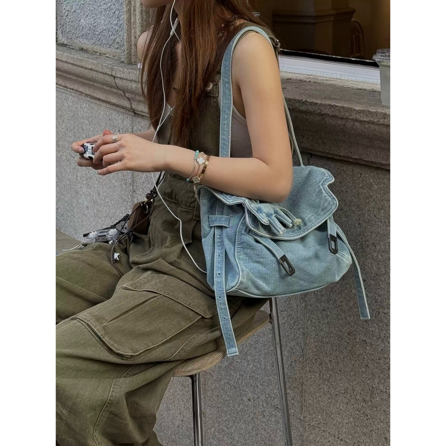 Women's Washed Denim Retro Commuter Flap Tote Bag