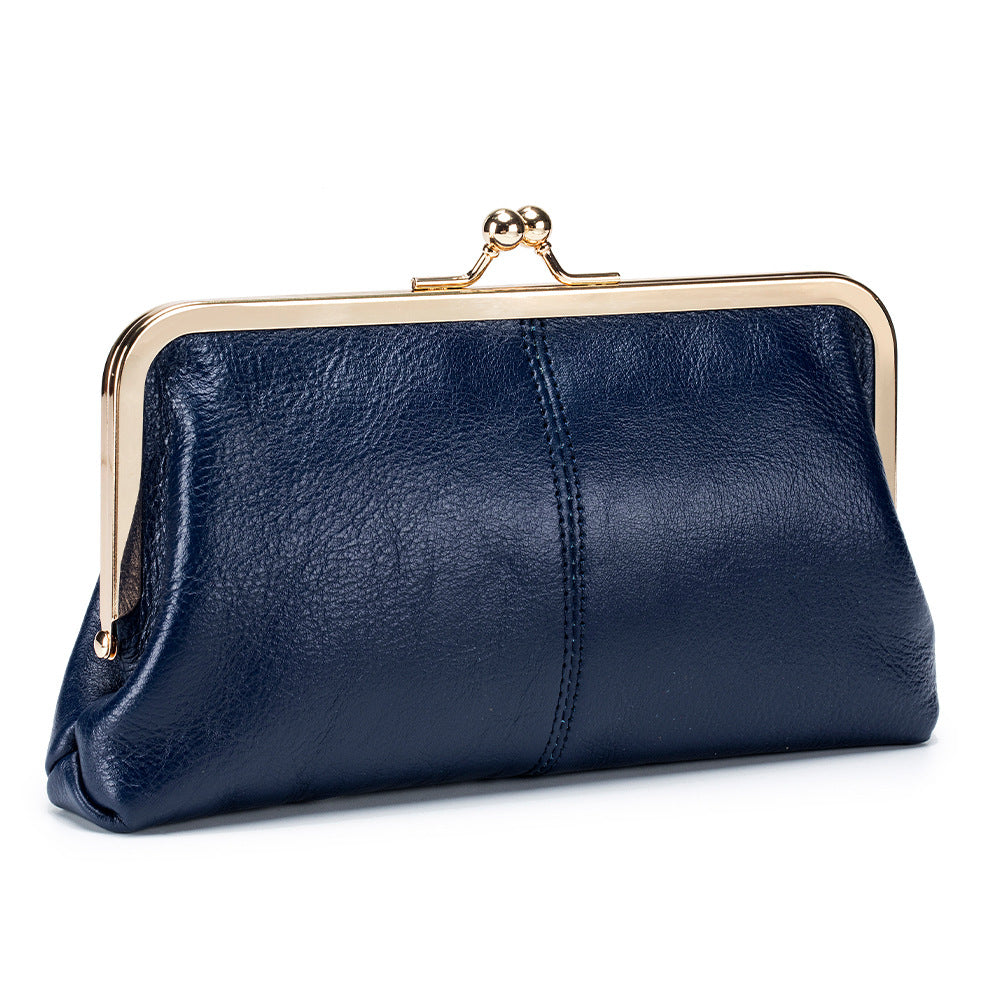 Women's Long Retro Clip Oil Wax Frame Purses