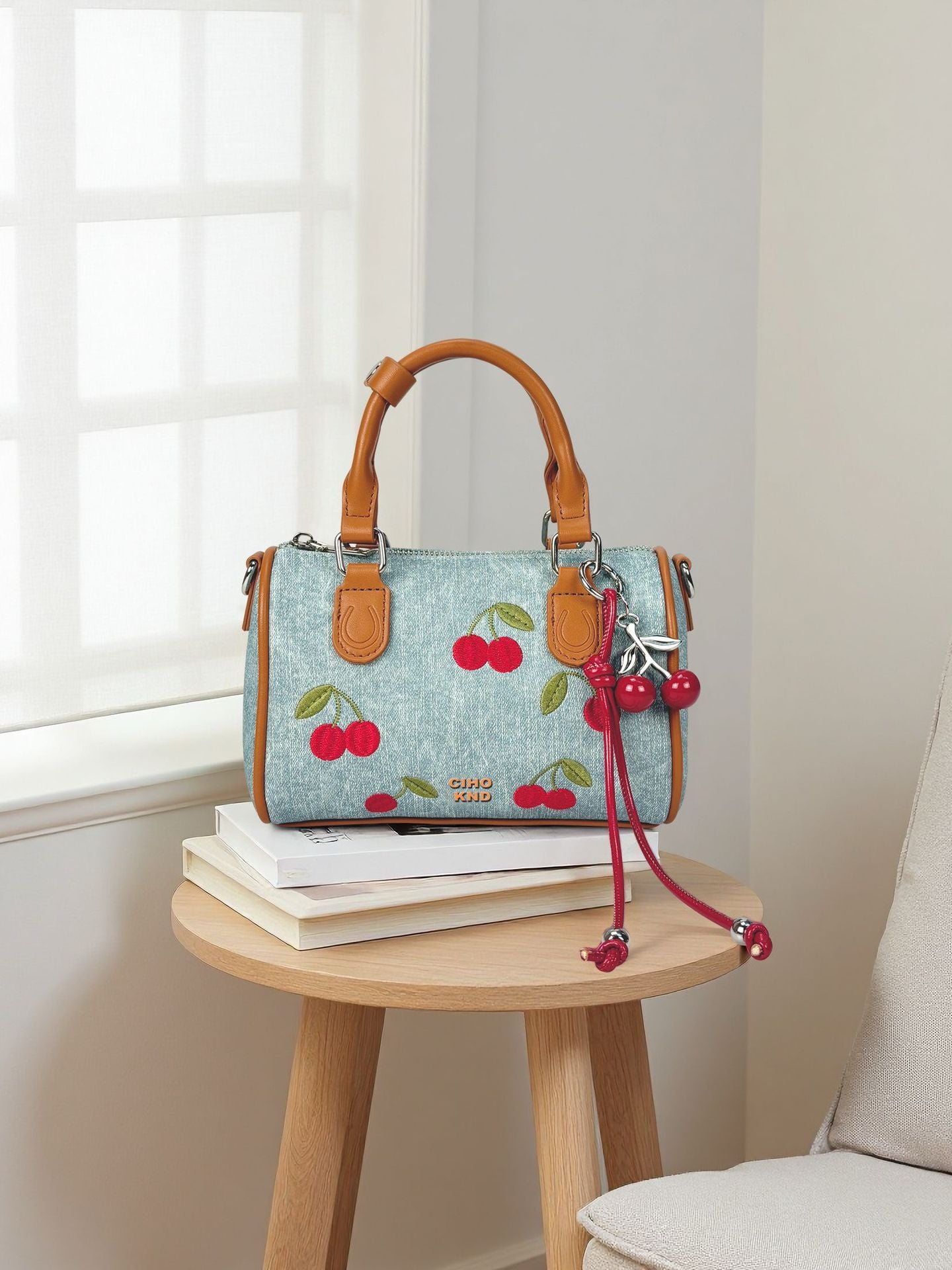 Women's Sweet Cherry Denim Blue Boston Super Women's Messenger Bag