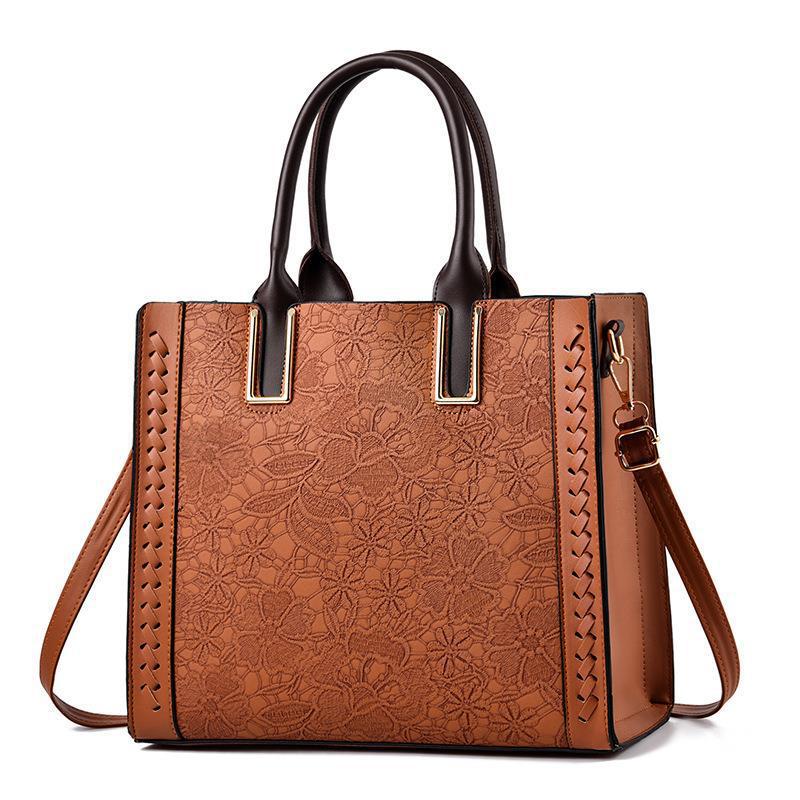 Women's Lace Embossed Large Capacity Soft Leather Texture Western Women's Shoulder Bag