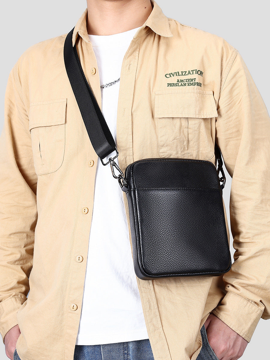 Men's Vintage Cowhide Genuine Leather Vertical Black Fashion Men's Shoulder Bag