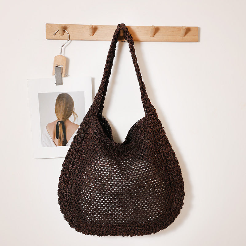Women's Large Capacity Straw Hollow Solid Color Woven Seaside Vacation Style Women's Shoulder Bag