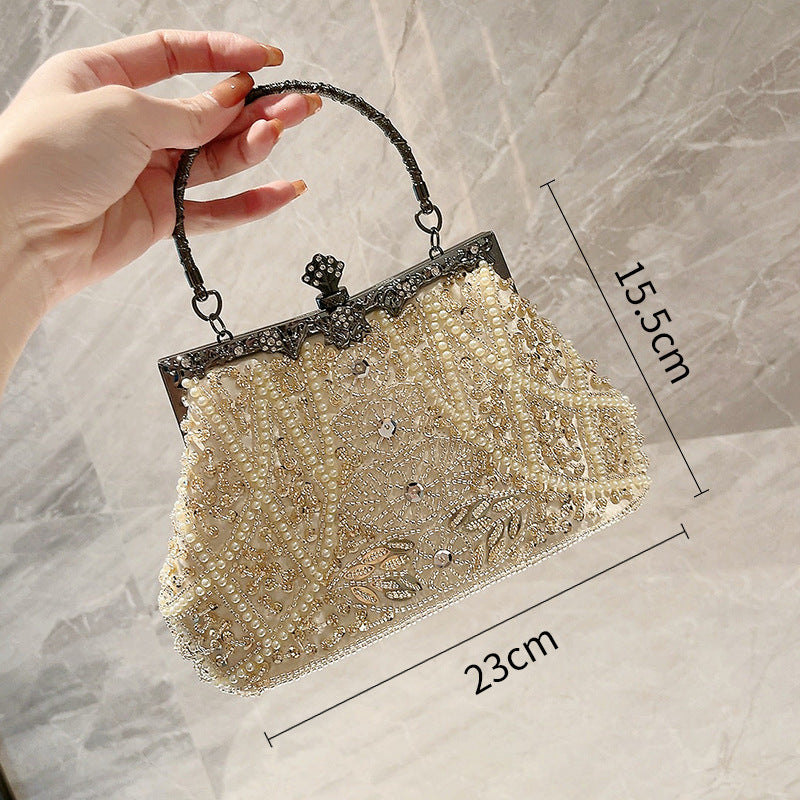 Women's Heavy Handmade Pearl Embroidery Clutch With Dress Fashionable Dinner Bag