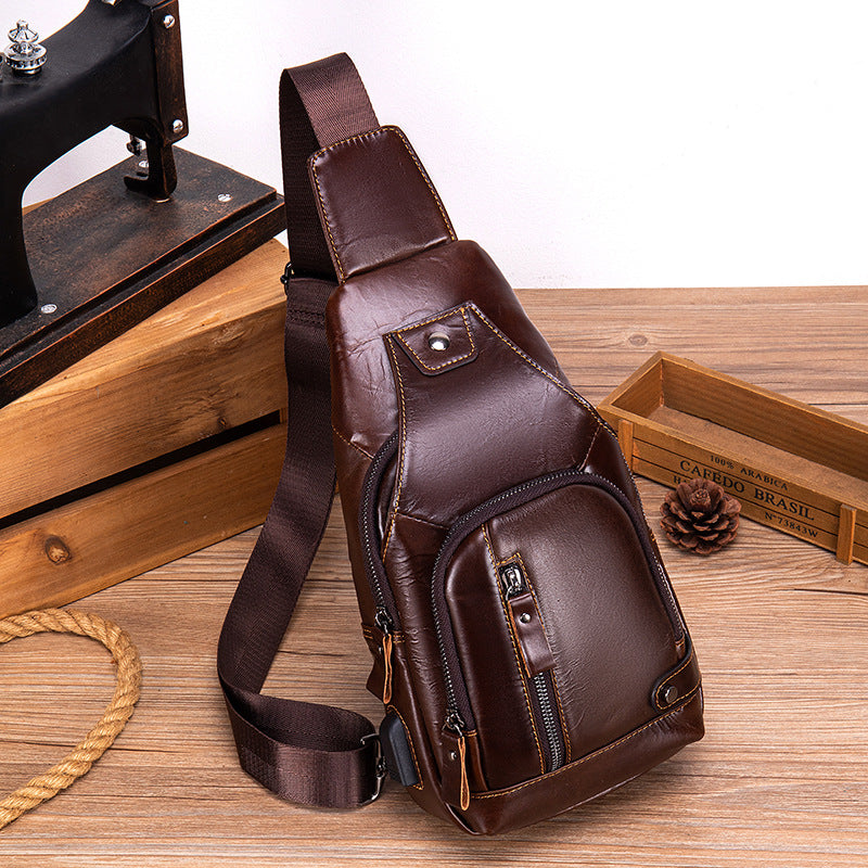 Men's Cowhide Portable Riding Cell Leather Men's Chest Bag