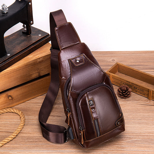Men's Cowhide Portable Riding Cell Leather Men's Chest Bag
