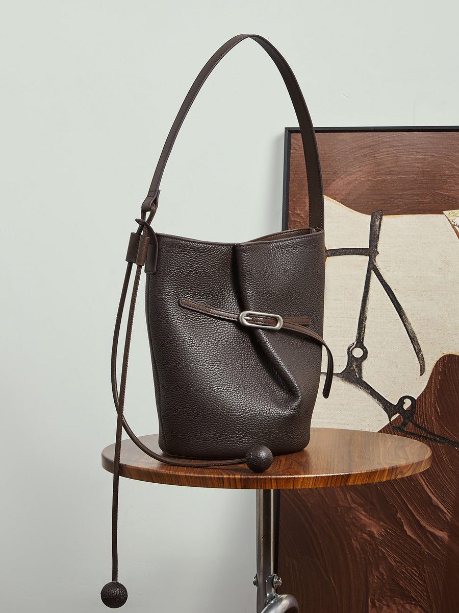 Women's Layer Cowhide Design Simple Commute Genuine Leather Large Capacity Bucket Bags