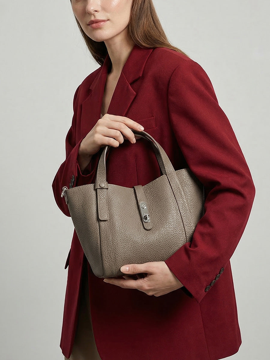 Women's Layer Cowhide Solid Color Soft Niche Lychee Pattern Bucket Bags