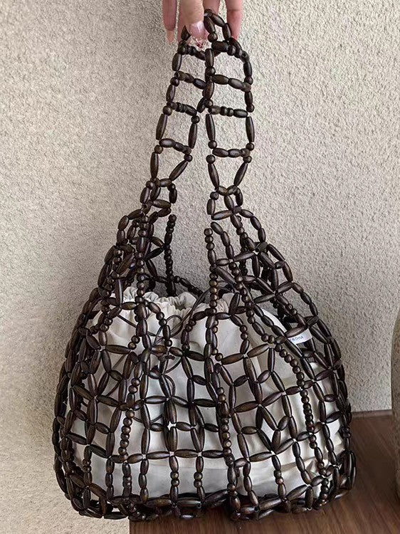 Women's Hand-woven String Wooden Bead Large Capacity Portable Niche Bags