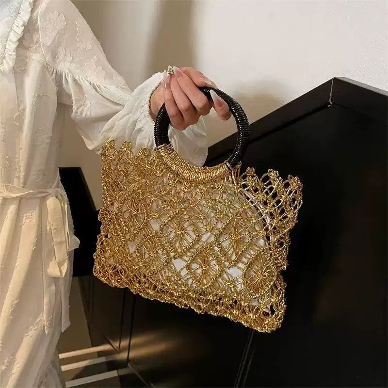 Women's Korean Style Straw Handmade Woven Metallic Yarn Women's Shoulder Bag