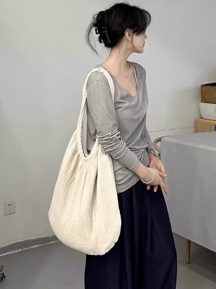 Niche Cotton Linen Pleated Texture Large Capacity Korean Simple Women's Messenger Bag