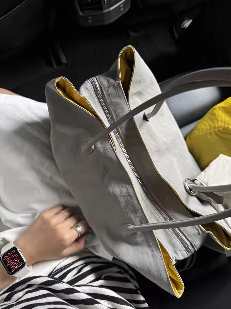 Korean Style Gray Yellow Contrast Color Large Capacity Totes Commute Women's Shoulder Bag