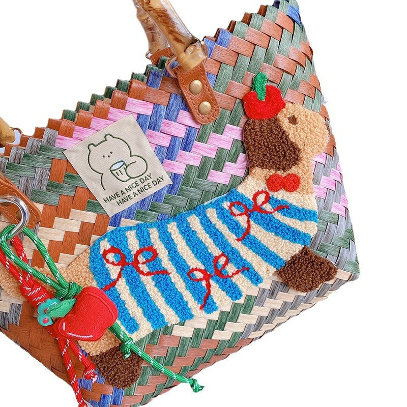 Women's Vintage Stripe Sausage Dog Repair Woven Nylon Rope Pendant Handbags