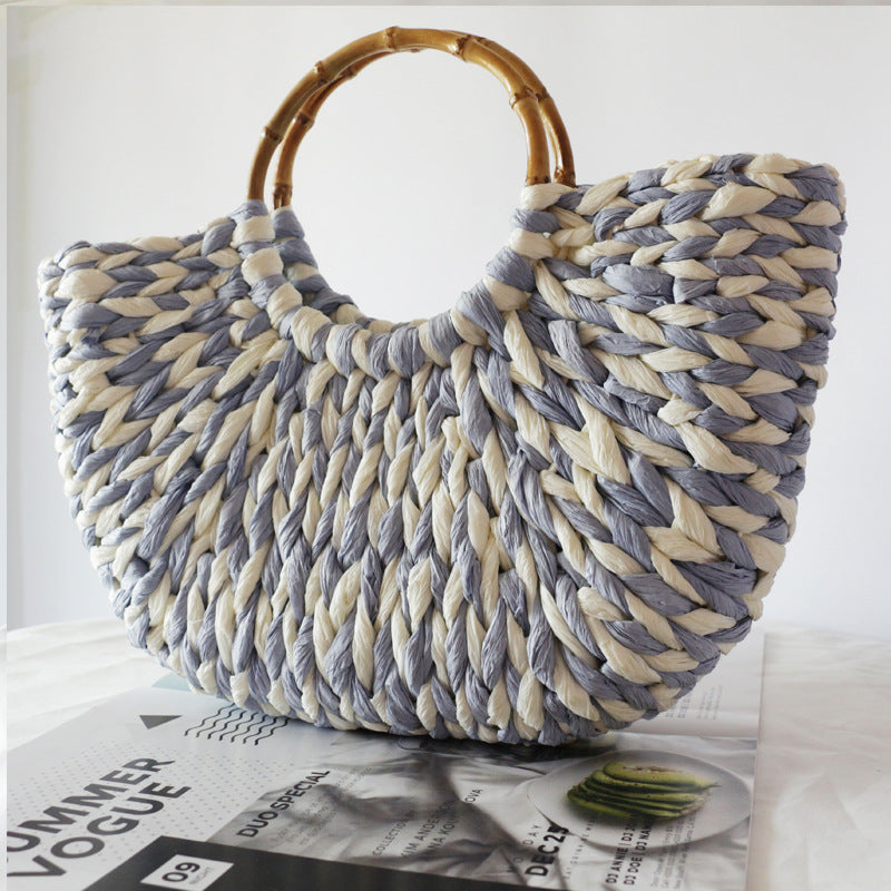 Bamboo Blue White Straw Woven Round Women's Handbag
