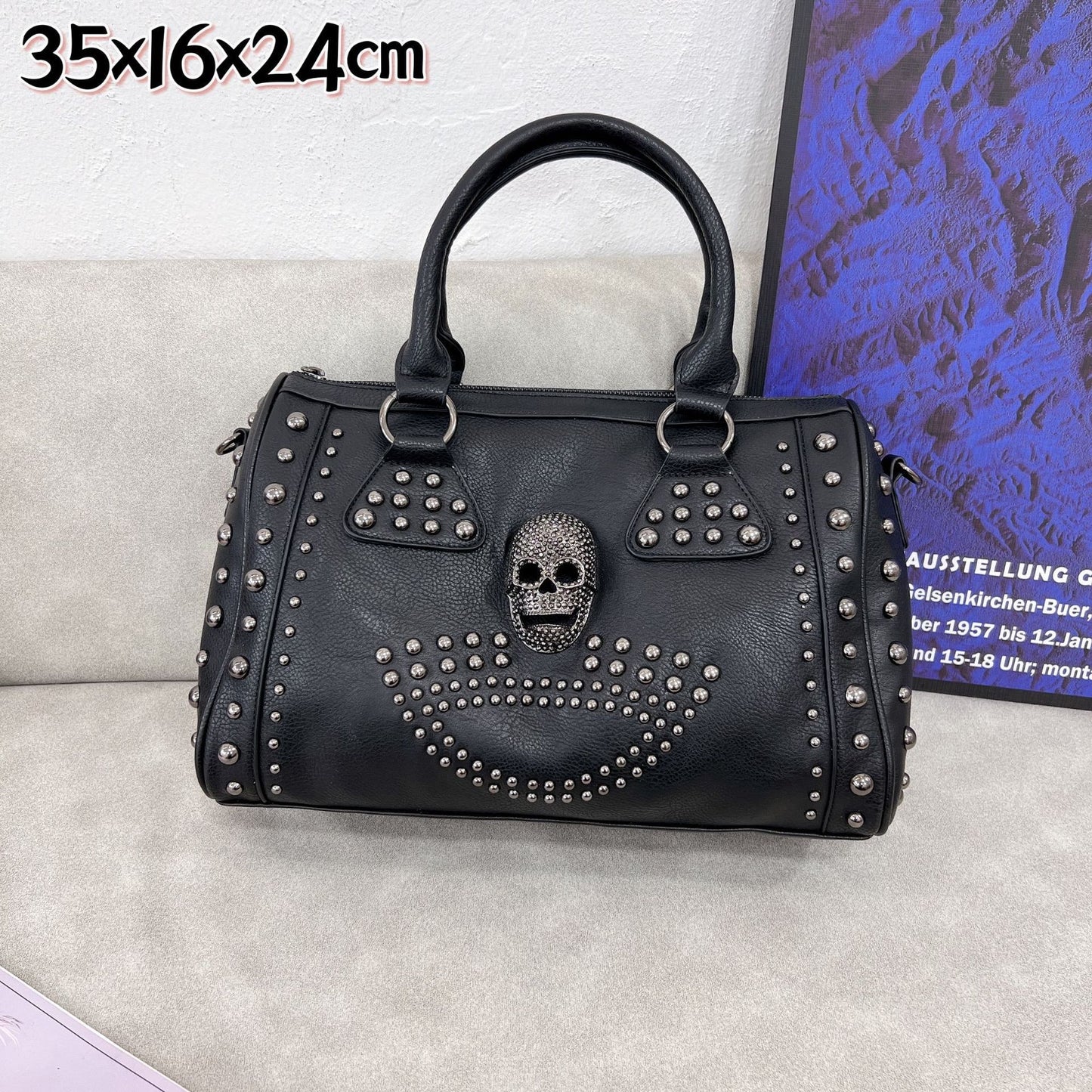 Women's Punk Fashion Rivet Skull Embossed Black Women's Handbag