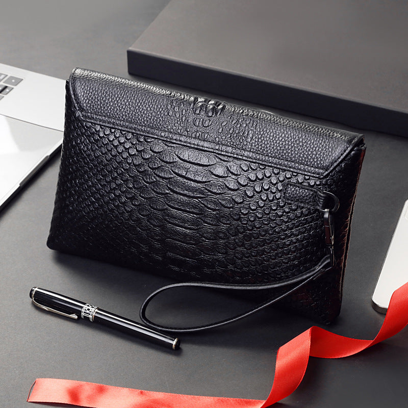 Men's Crocodile Texture Black Genuine Leather Soft Large Men's Clutch