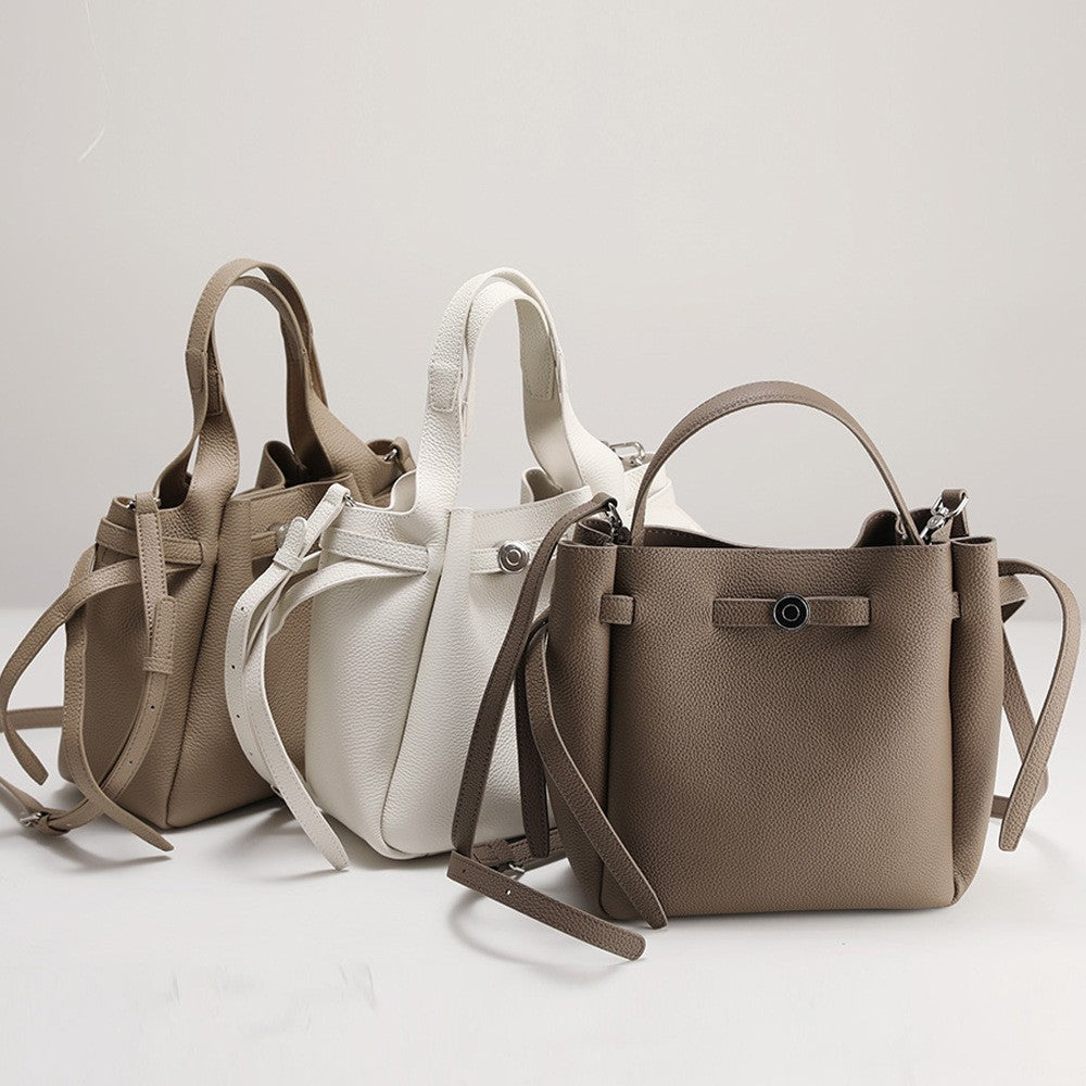First Layer Cowhide Design Portable Vegetable Basket Women's Leather Bag