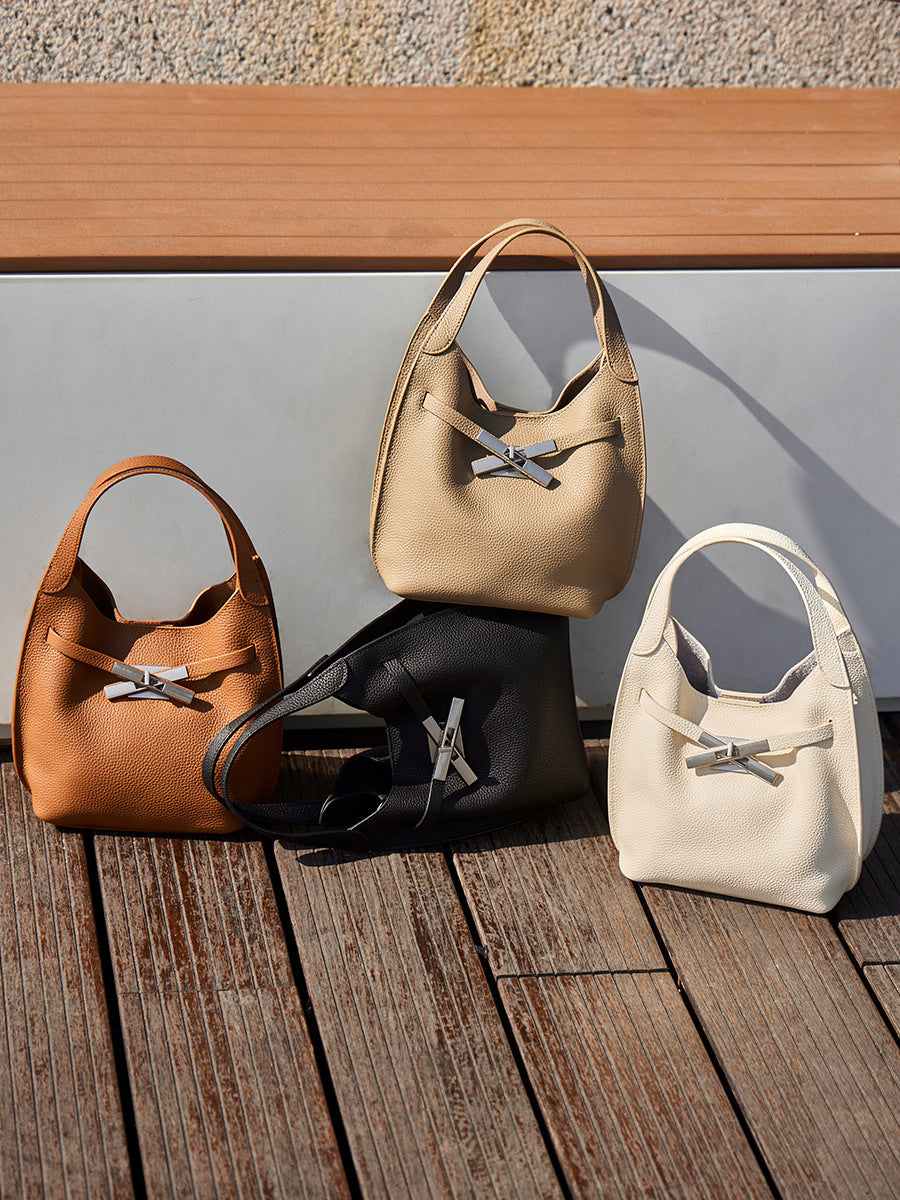 Women's Leather Pattern Cowhide Vegetable Basket Underarm Commuting Bags