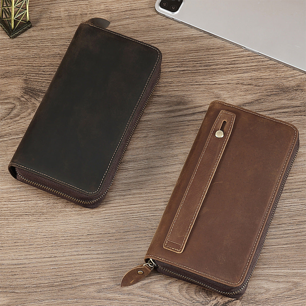 Men's Crazy Horse Leather Vintage Long Business Men's Clutch