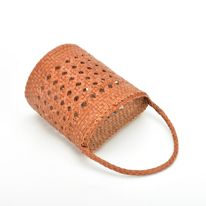 Authentic Leather Weave Vegetable Basket Layer Cowhide Hollow Women's Handbag