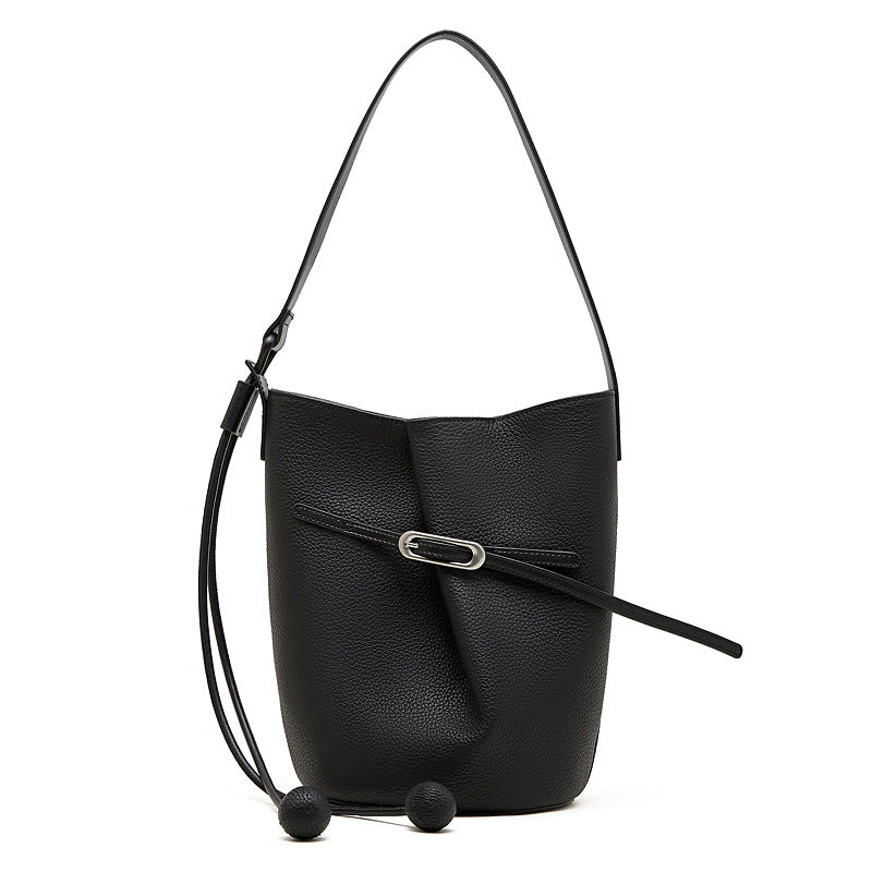 Women's Layer Cowhide Design Simple Commute Genuine Leather Large Capacity Bucket Bags