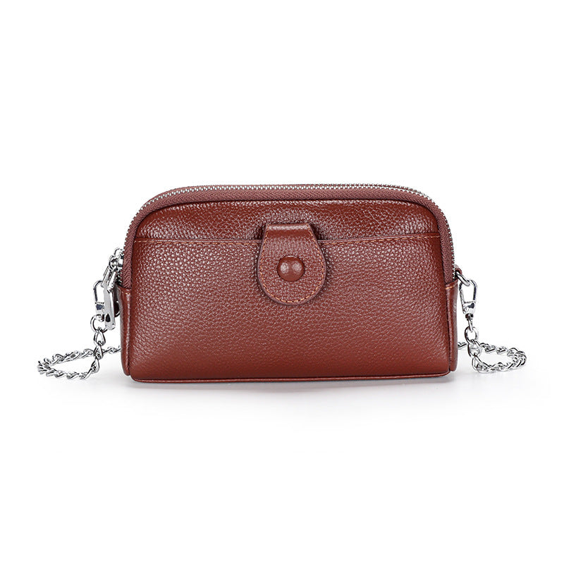 Women's Genuine Leather Chain Layer Cowhide Double Zipper Women's Clutch