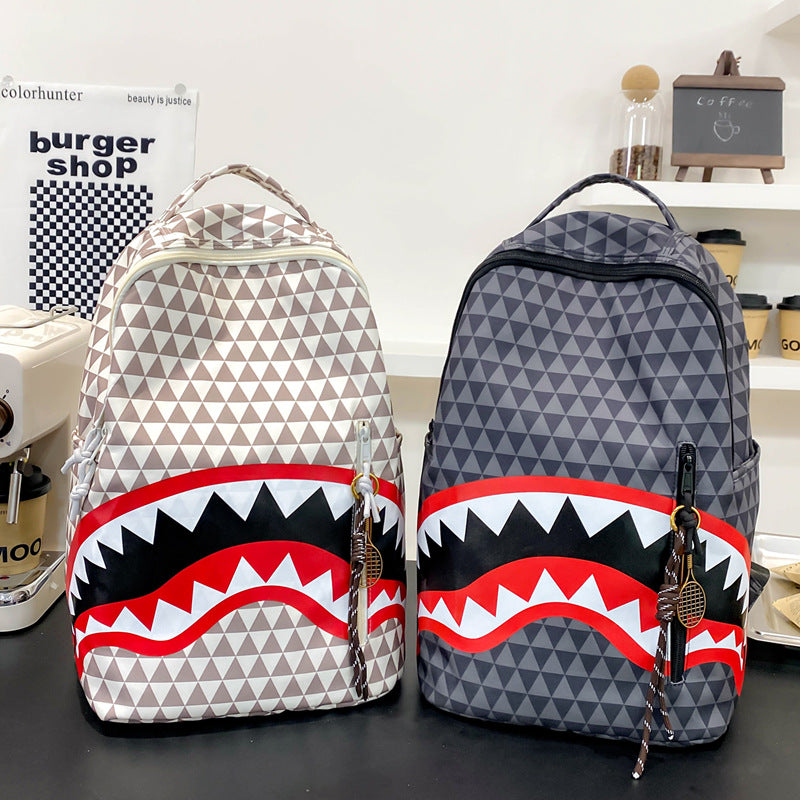 Shark Cartoon Image Printed Checks Early Backpacks