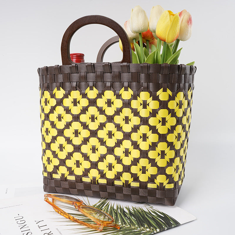 Wooden Hand-woven Color Matching Fashion Vegetable Women's Handbag