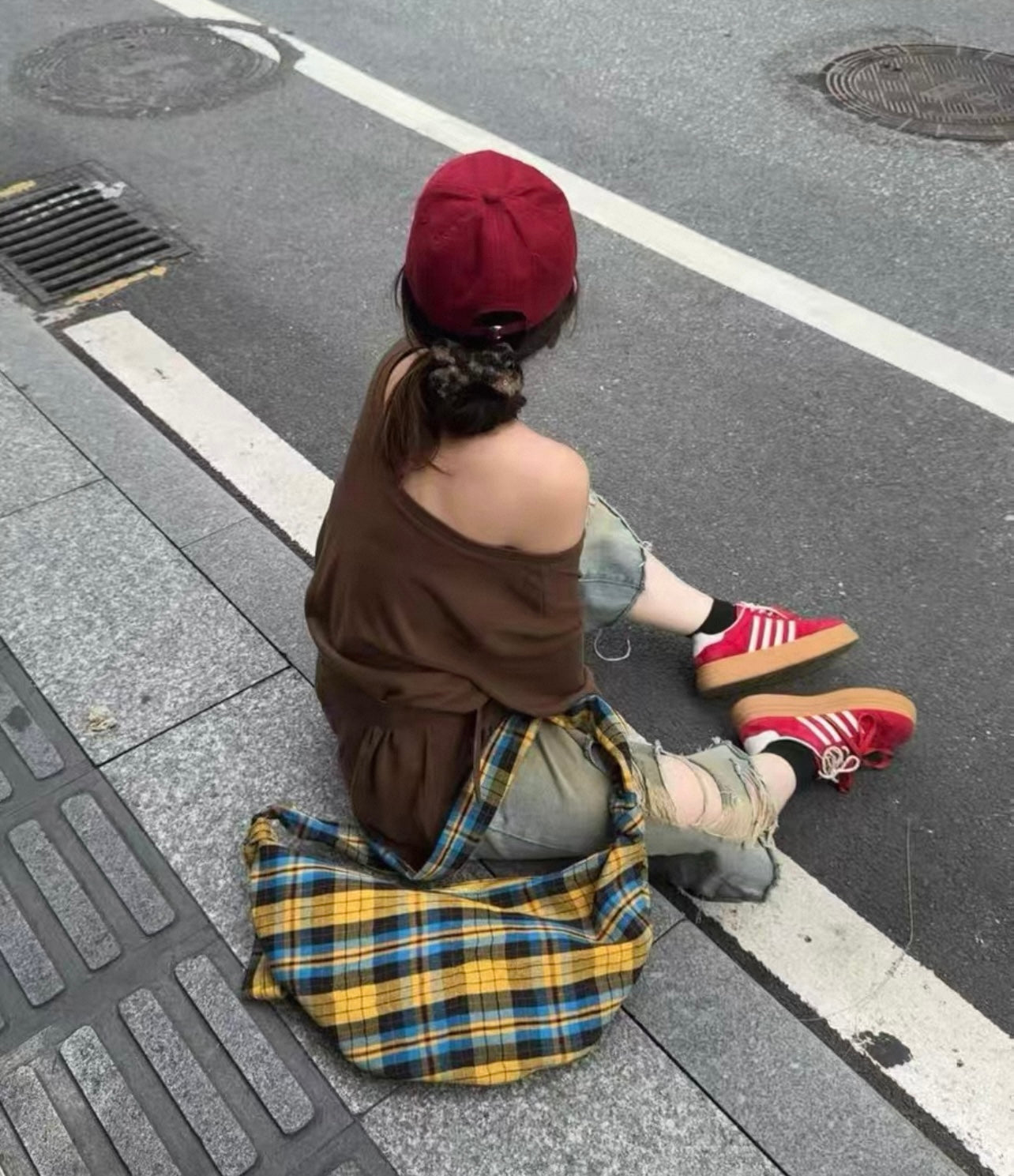Plaid Contrast Color Pleated Canvas Croissant Female Niche Western Style Bags