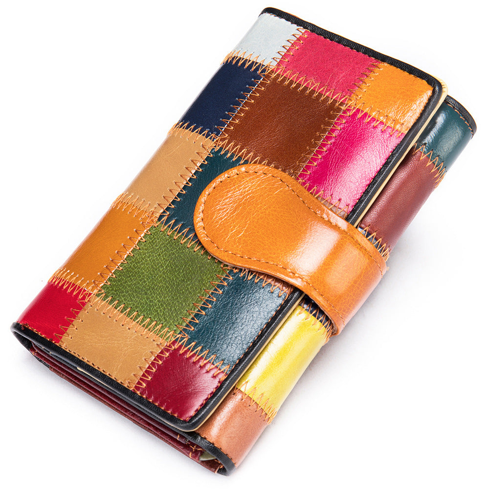 Women's First Layer Cowhide Colored Mosaic Rhombus Ladies Wallet
