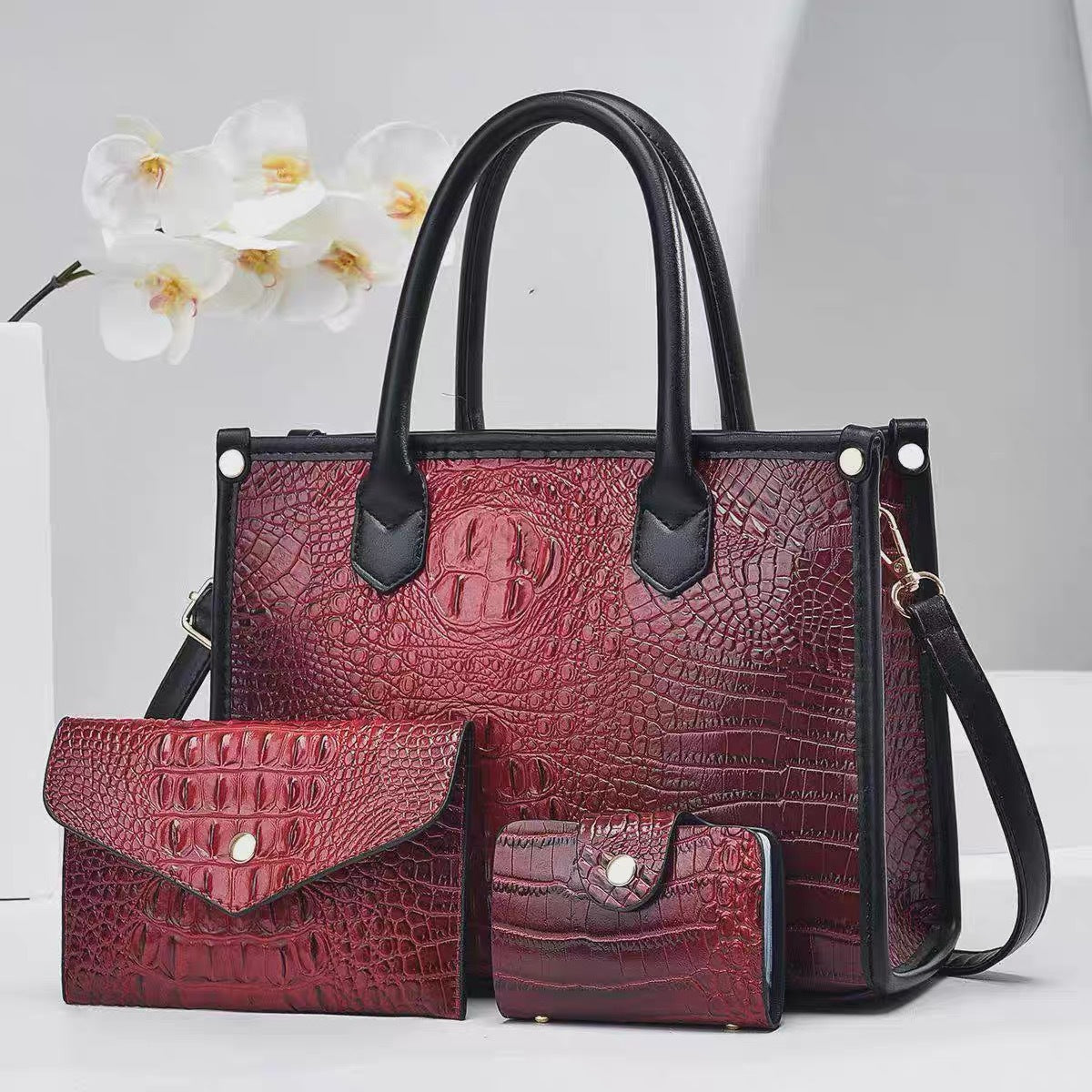 Women's Crocodile Texture Large Capacity Three-piece Handbags